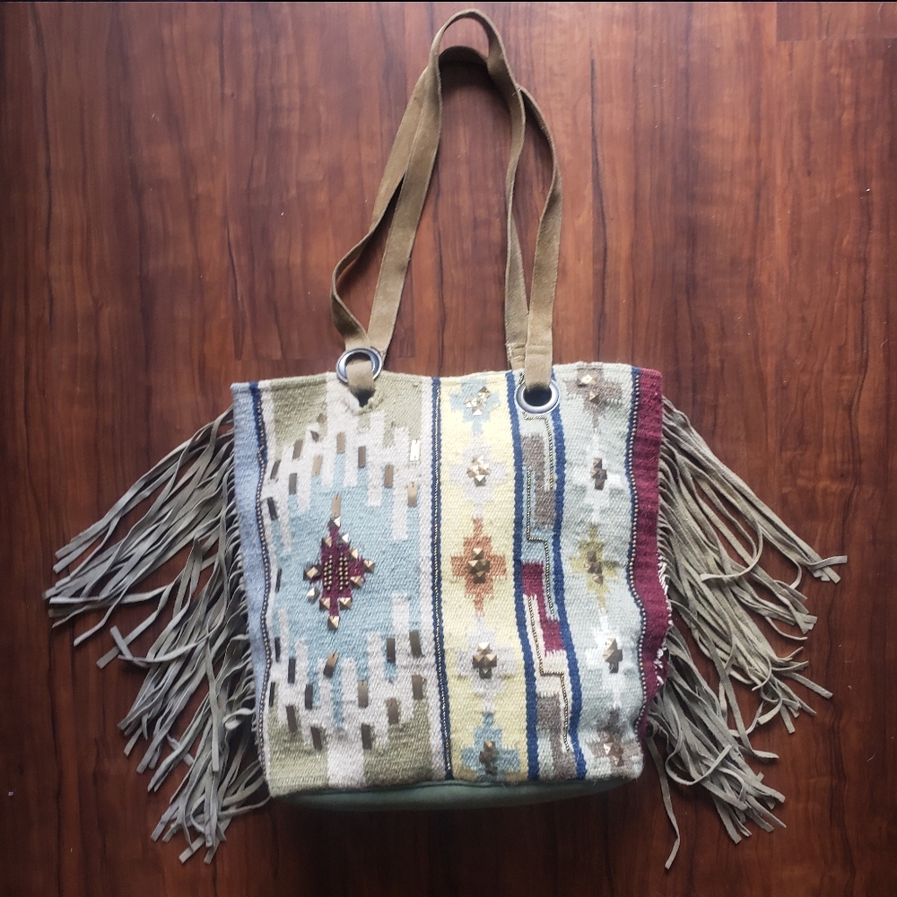 Lovestitch Large Tote Bag Aztec Tribal Boho Bling Suede Serape Fringe Festival